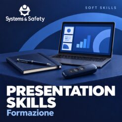 Copertina Systems & Safety: Presentation Skills — BUSINESS SKILL. Sfondo blu, logo bianco e immagine fotografica a tema.