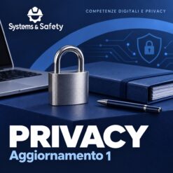 Copertina Systems & Safety: Privacy: Aggiornamento 1 — AGGIORNAMENTO. Sfondo blu, logo bianco e immagine fotografica a tema.