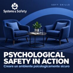 Copertina Systems & Safety: Psychological Safety in Action: come creare un ambiente psicologicamente sicuro — LEADERSHIP. Sfondo blu, logo bianco e immagine fotografica a tema.