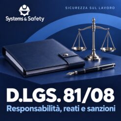 Copertina Systems & Safety: Responsabilità, reati e sanzioni nel D.Lgs 81/08. Sfondo blu, logo bianco e immagine fotografica a tema.