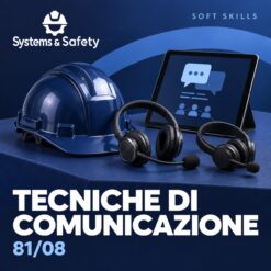 Copertina Systems & Safety: Tecniche di comunicazione 81/08 — HR-GESTIONE RISORSE UMANE. Sfondo blu, logo bianco e immagine fotografica a tema.