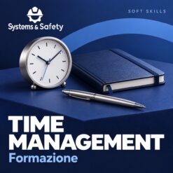 Copertina Systems & Safety: Time Management — HR-GESTIONE RISORSE UMANE. Sfondo blu, logo bianco e immagine fotografica a tema.
