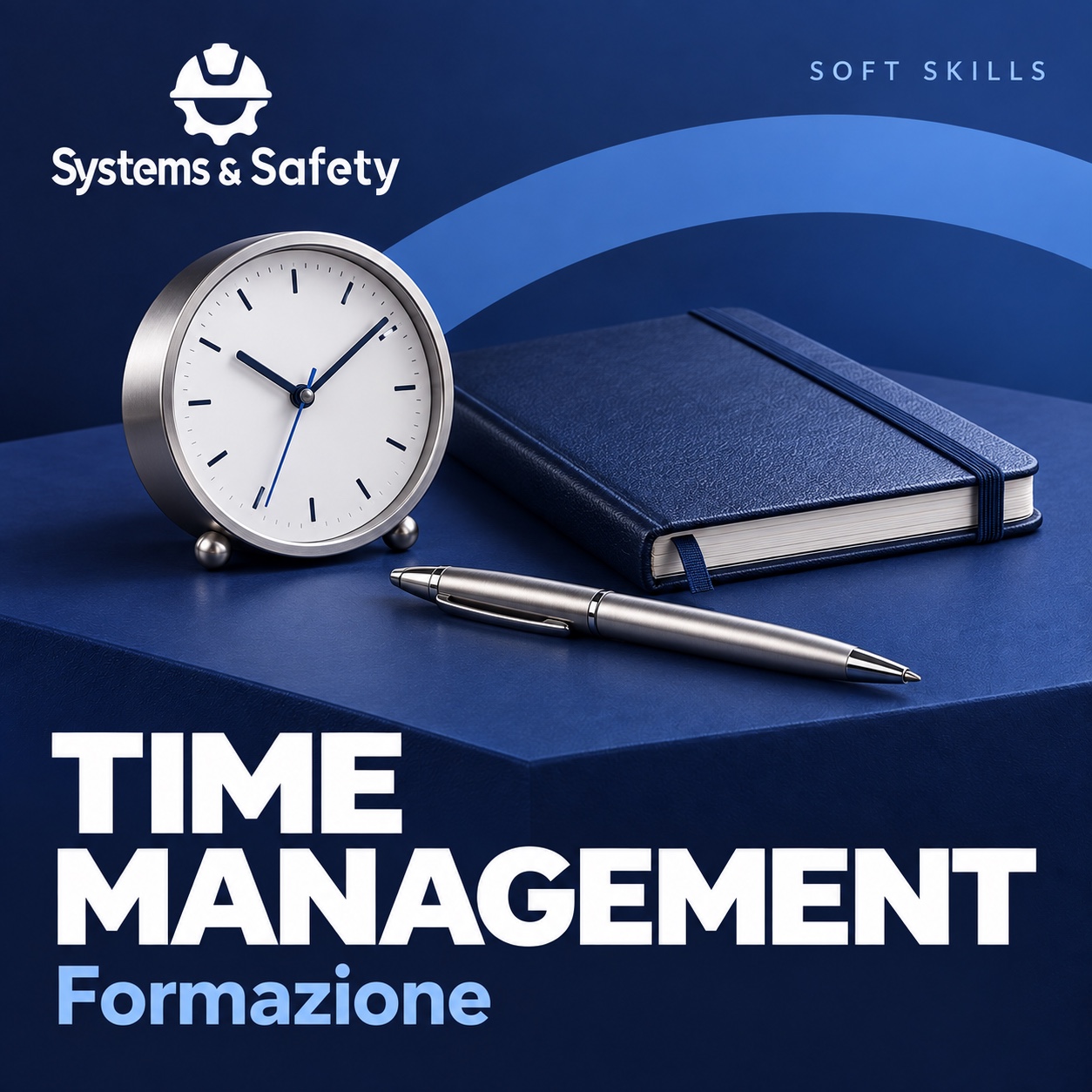Copertina Systems & Safety: Time Management — HR-GESTIONE RISORSE UMANE. Sfondo blu, logo bianco e immagine fotografica a tema.